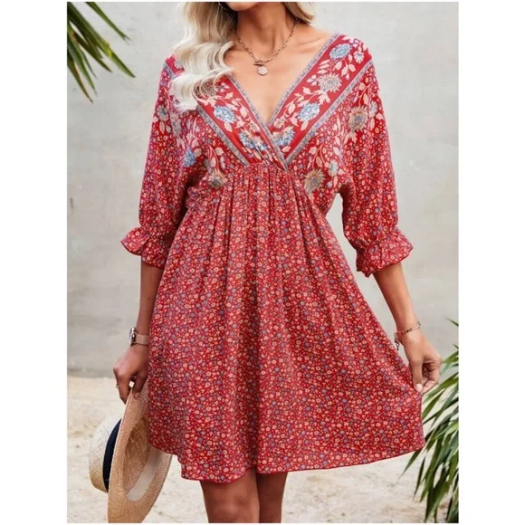 Boho Green Floral Print Ruffle Sleeve Mini Dress Cottagecore - Picture 2 of 13